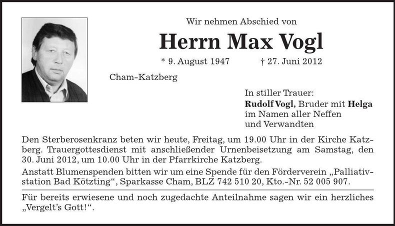 Traueranzeige Max Vogl