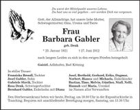 Traueranzeige Barbara Gabler