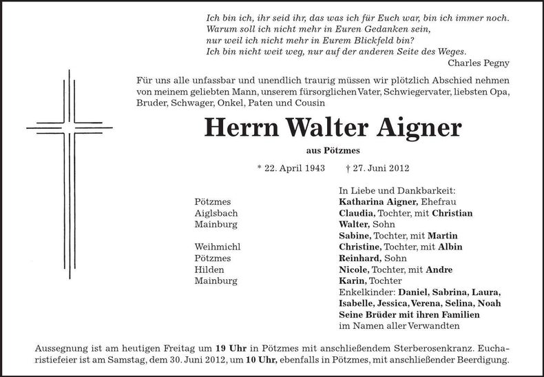 Traueranzeige Walter Aigner