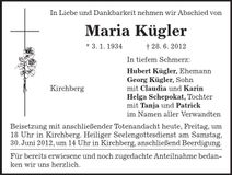Traueranzeige Maria Kügler
