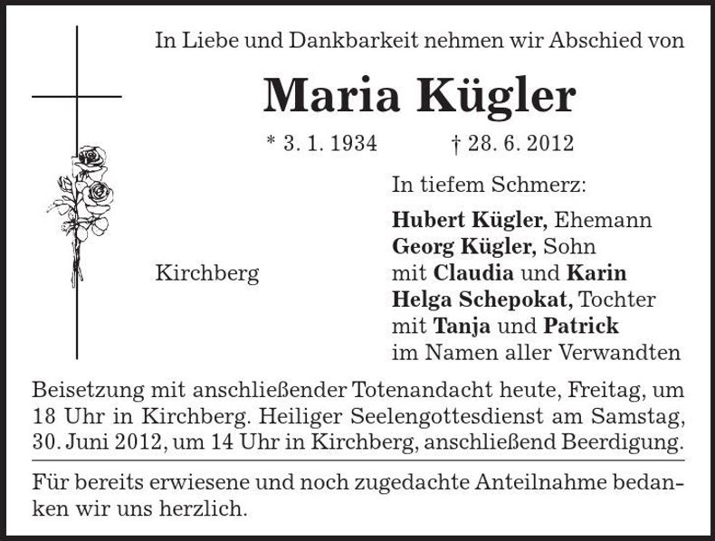 Traueranzeige Maria Kügler
