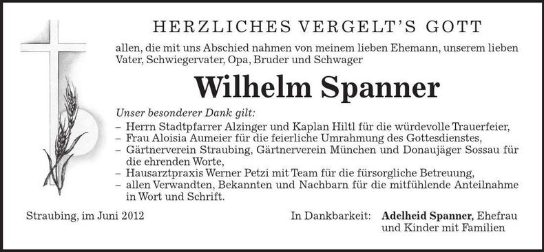 Traueranzeige Wilhelm Spanner