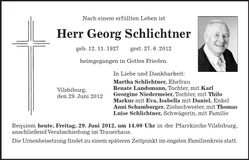 Traueranzeige Schlichtner Georg