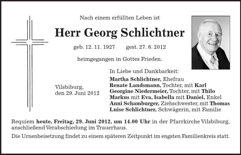 Traueranzeige Schlichtner Georg