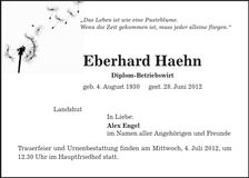 Traueranzeige Eberhard Haehn