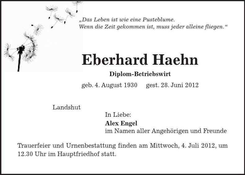 Traueranzeige Eberhard Haehn