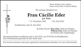 Traueranzeige Cäcilie Eder