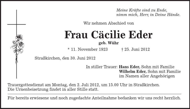 Traueranzeige Cäcilie Eder