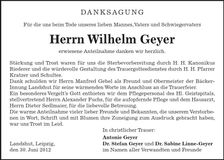 Traueranzeige Wilhelm Geyer