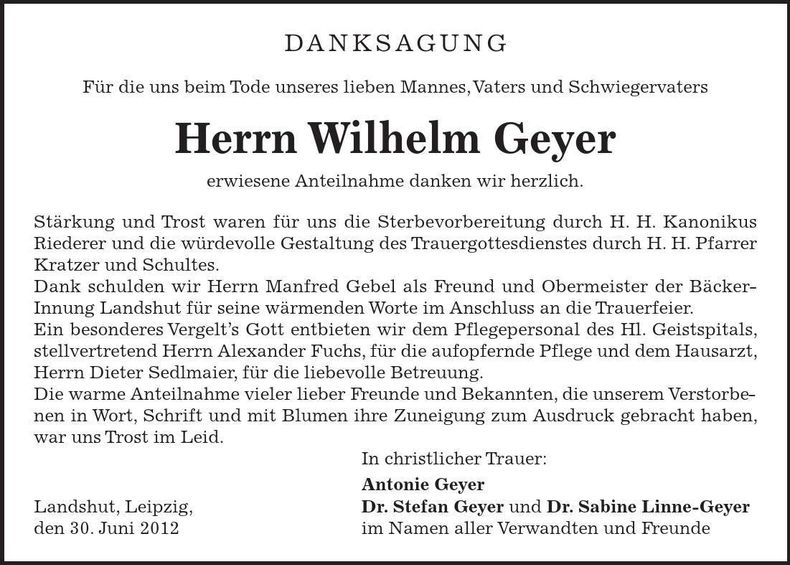 Traueranzeige Wilhelm Geyer