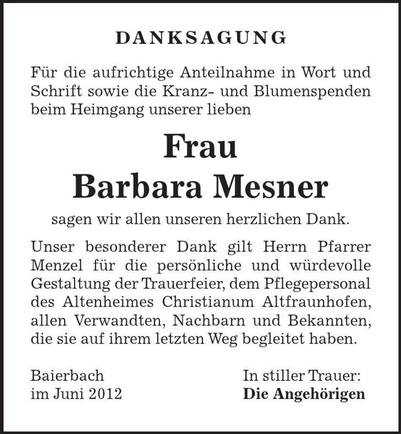 Traueranzeige Barbara Mesner