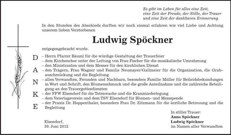 Traueranzeige Ludwig Spöckner