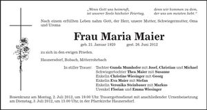 Traueranzeige Maria Maier