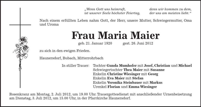 Traueranzeige Maria Maier