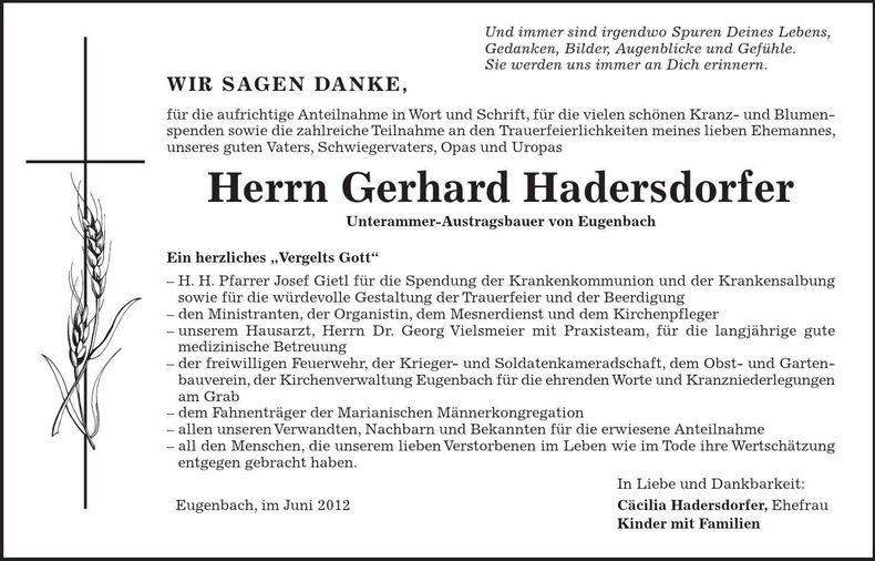 Traueranzeige Gerhard Hadersdorfer