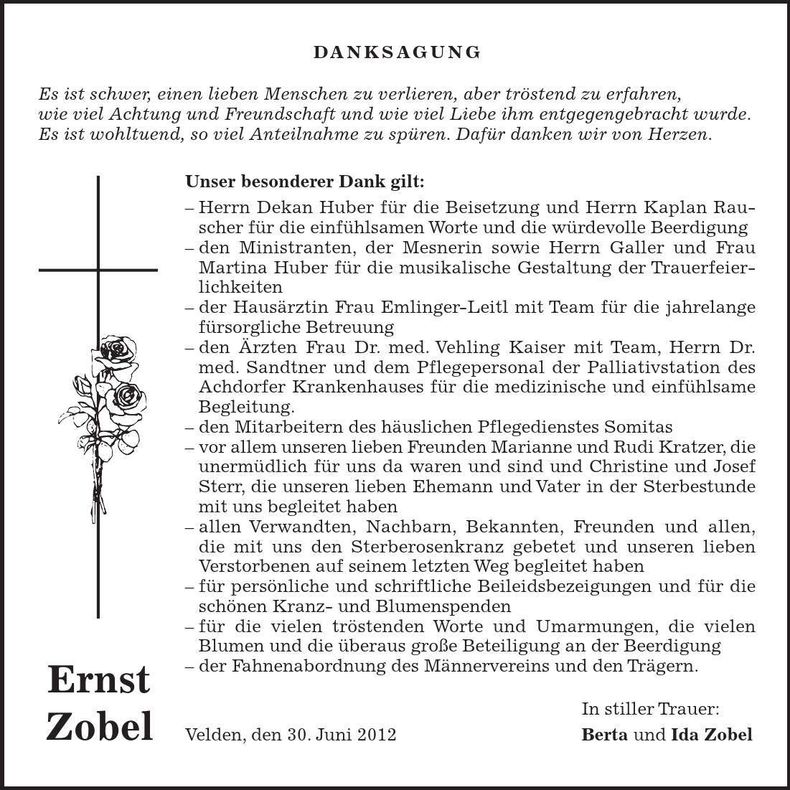 Traueranzeige Ernst Zobel