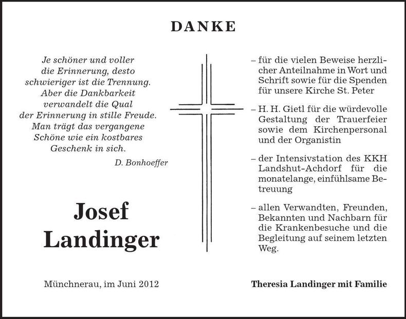 Traueranzeige Josef Landinger
