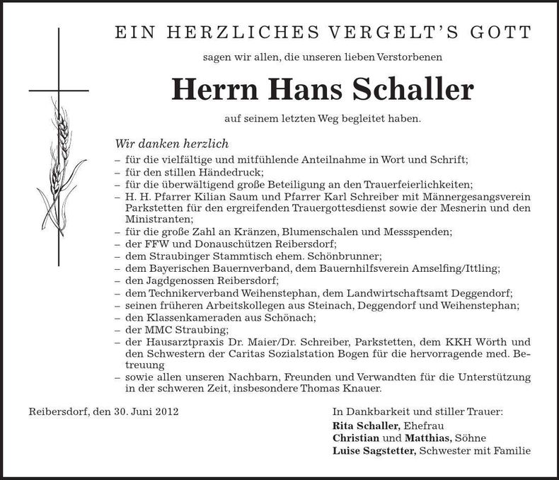 Traueranzeige Hans Schaller