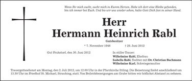 Traueranzeige Hermann Heinrich Rabl