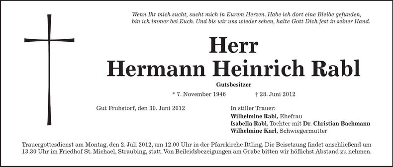 Traueranzeige Hermann Heinrich Rabl
