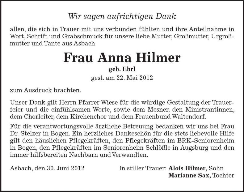 Traueranzeige Anna Hilmer