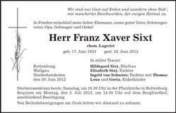 Traueranzeige Franz Xaver Sixt