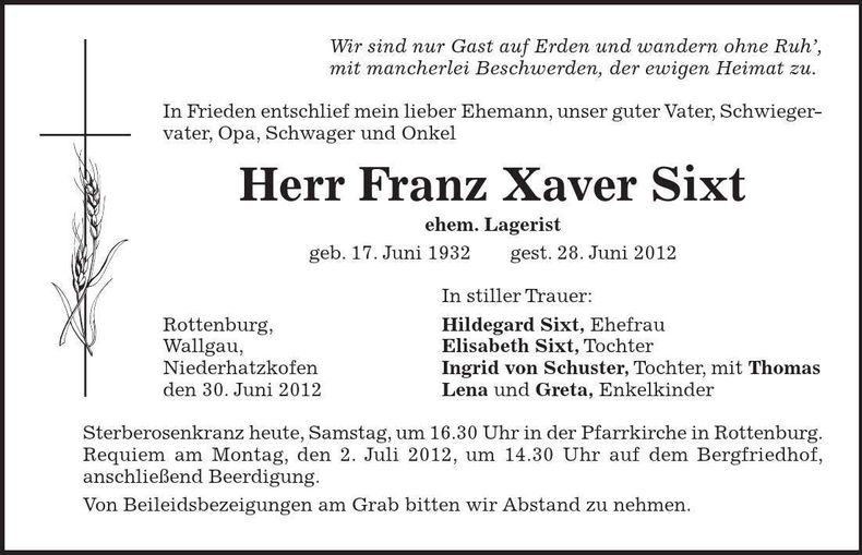 Traueranzeige Franz Xaver Sixt