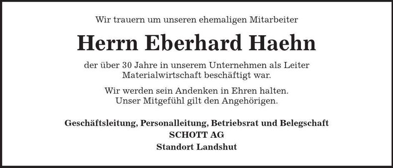 Traueranzeige Eberhard Haehn