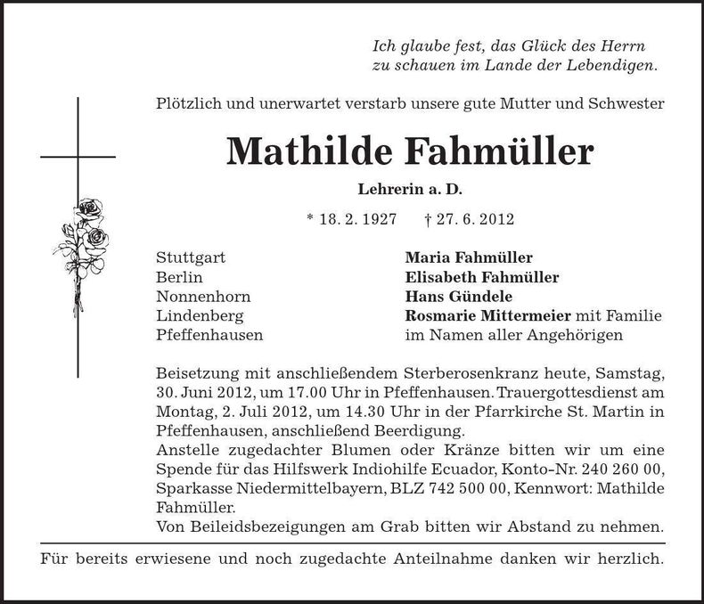 Traueranzeige Mathilde Fahmüller