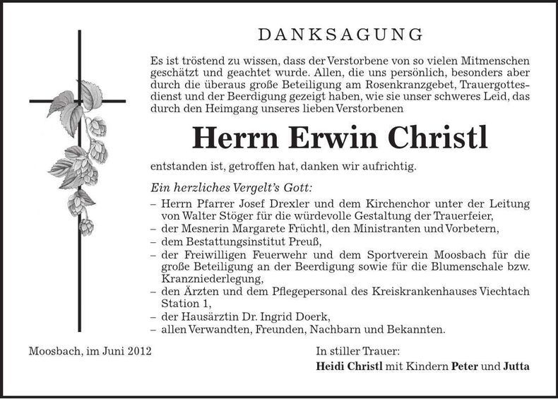 Traueranzeige Erwin Christl
