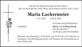 Traueranzeige Maria Lackermeier