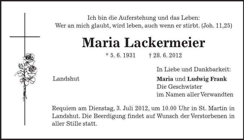 Traueranzeige Maria Lackermeier