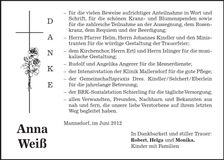 Traueranzeige Anna Weiß