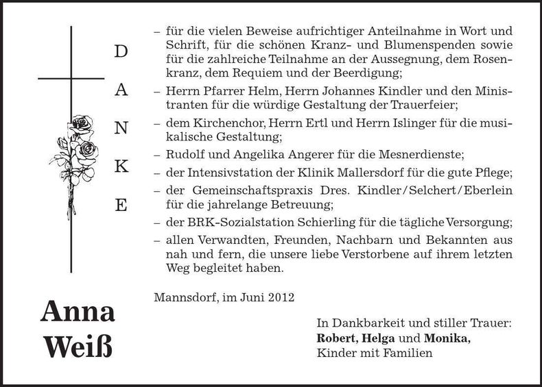 Traueranzeige Anna Weiß