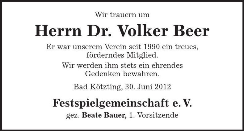 Traueranzeige Volker Dr. Beer