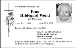 Traueranzeige Hildegard Weikl
