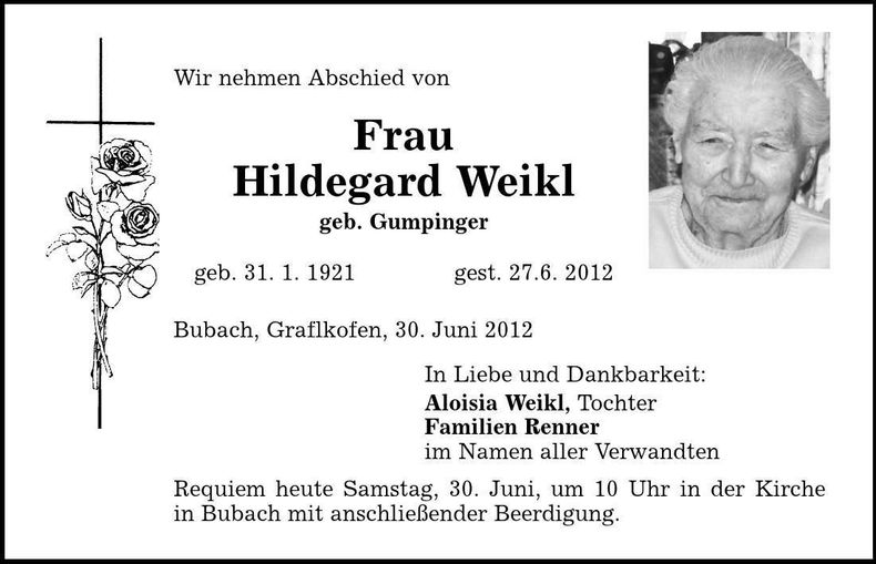Traueranzeige Hildegard Weikl