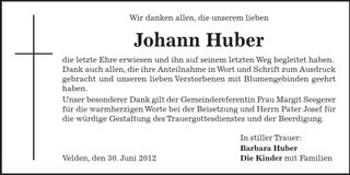 Traueranzeige Johann Huber