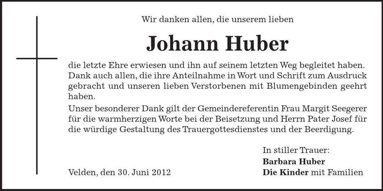 Traueranzeige Johann Huber