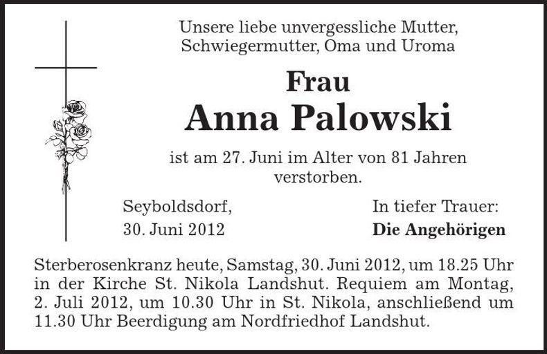 Traueranzeige Anna Palowski