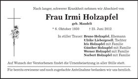 Traueranzeige Irmi Holzapfel