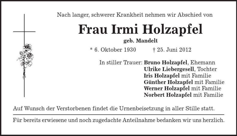 Traueranzeige Irmi Holzapfel