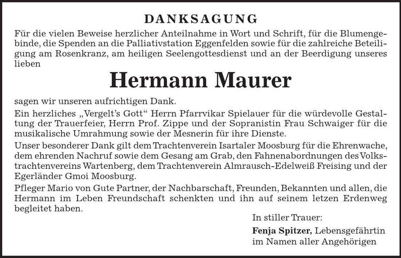 Traueranzeige Hermann Mauerer