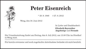 Traueranzeige Peter Eisenreich