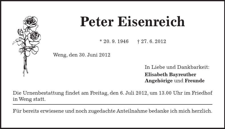 Traueranzeige Peter Eisenreich