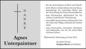 Traueranzeige Agnes Unterpaintner