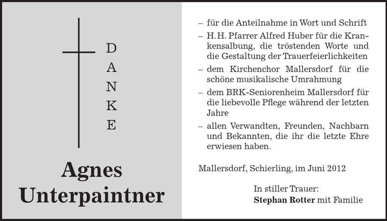 Traueranzeige Agnes Unterpaintner