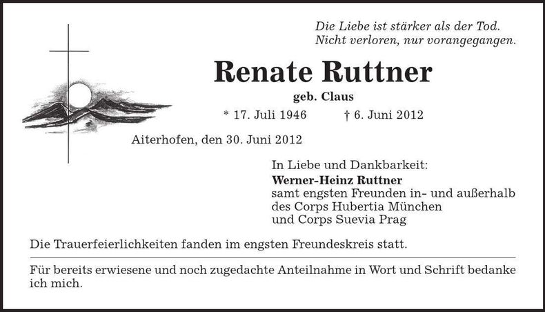 Traueranzeige Renate Ruttner