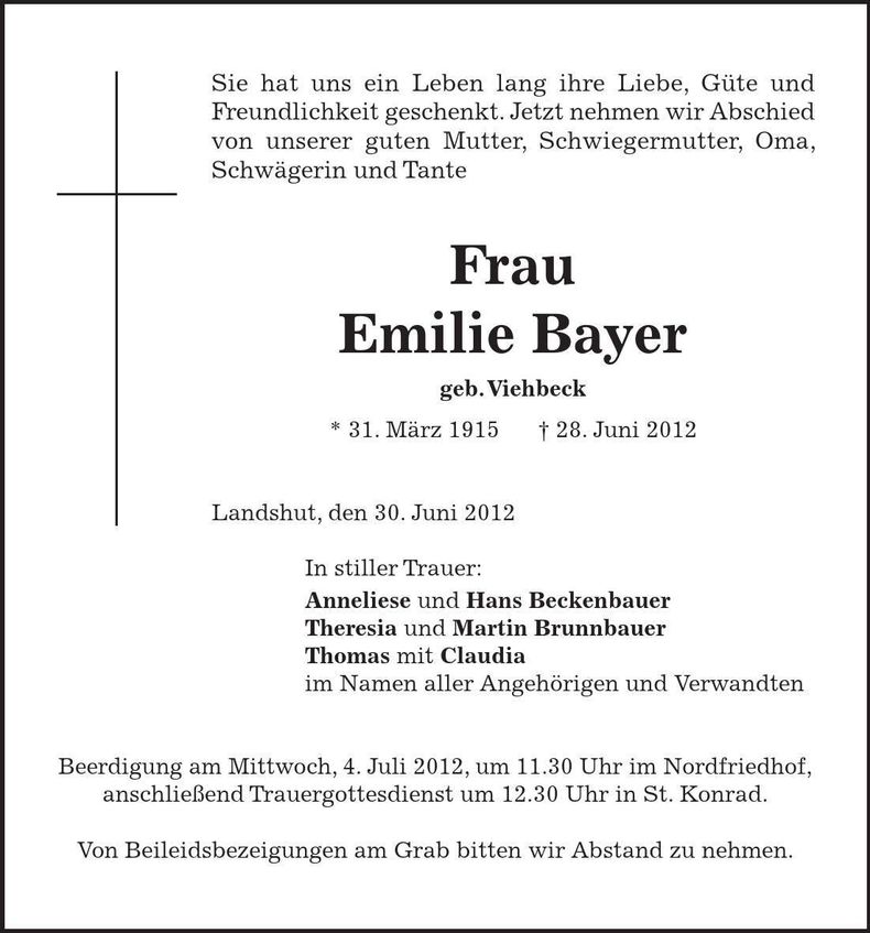 Traueranzeige Emilie Bayer