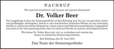 Traueranzeige Volker Dr. Beer